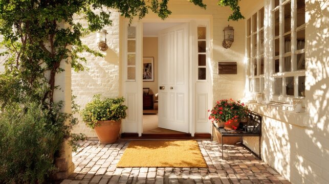 House entrance with open double doors on sunlit porch