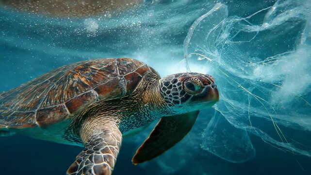 Sea turtle swimming near floating plastic pollution underwater