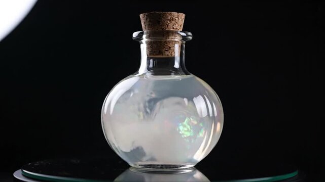Small glass potion bottle with cork stopper filled with swirling iridescent white liquid on black background for fantasy gaming or magical apothecary concepts
