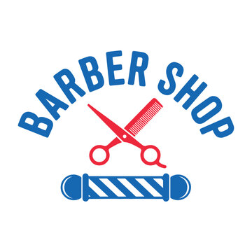 Vintage-style logo for a classic barber shop with red scissors and blue barber pole
