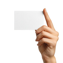 Obraz premium Hand holding a blank white card isolated on transparent background