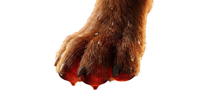 Close up of a furry animal paw with sweat drops representing pet safety during extreme heat