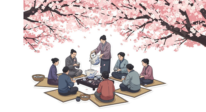 Japanese people having picnic under cherry blossoms, hanami party