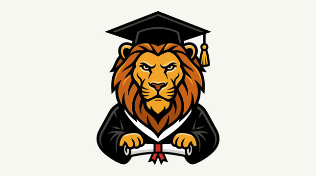 Lion wearing graduation cap gown.