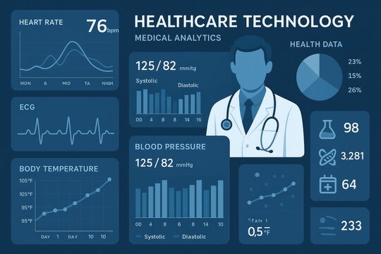 Medical analytics dashboard with doctor illustration showing health data charts, patient monitoring interface, clinical diagnostic display, healthcare.