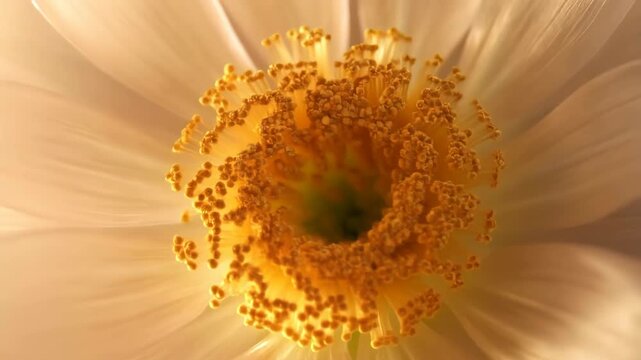 Close up view of flower petal details, pollen and stamens in extreme macro with soft light and abstract background