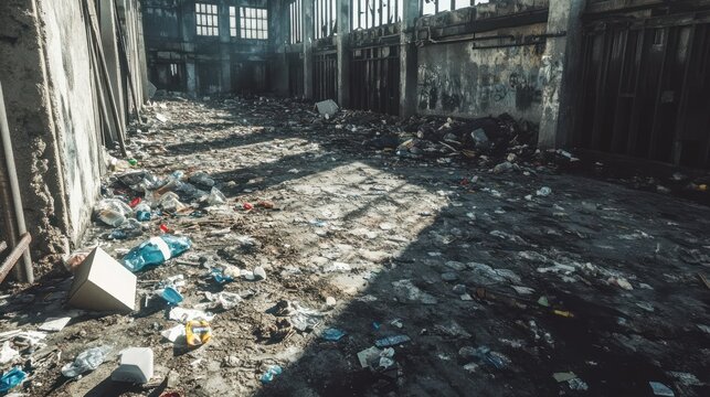 Abandoned factory filled with trash