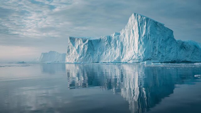 Iceberg arctic ocean reflection in frozen polar seascape, calm water and cold climate environment