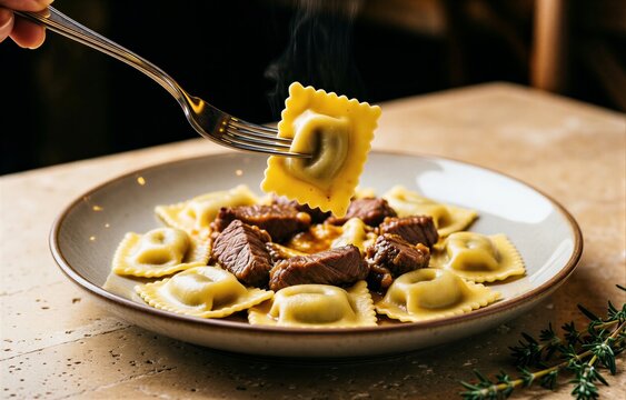 Plate of Agnolotti del Plin with fork lifting tortilla chip on wooden table. Concept of small stuffed pasta with roast meat highlighting modern dining experience.