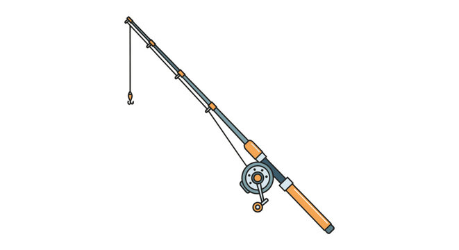 A colorful illustration depicts a fishing rod with a hook and reel presented as a distinct silhouette high quality professional detailed