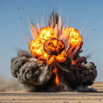Massive explosion with fireballs and dark smoke plumes over desert ground