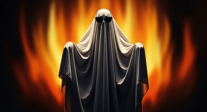Mysterious figure in black robes against a fiery orange and yellow background