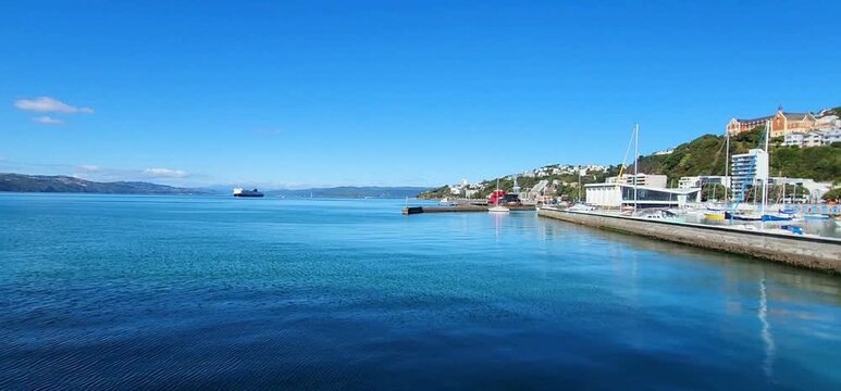 Wellington, New Zealand - 22 January 2025: Waterfront Marina with Yachts and Hillside Cityscape on a Summer Afternoon. A waterfront view, showing yachts and sailboats docked along the marina. 