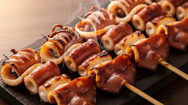 Grilled squid skewers with soy glaze steaming on platter in close up view