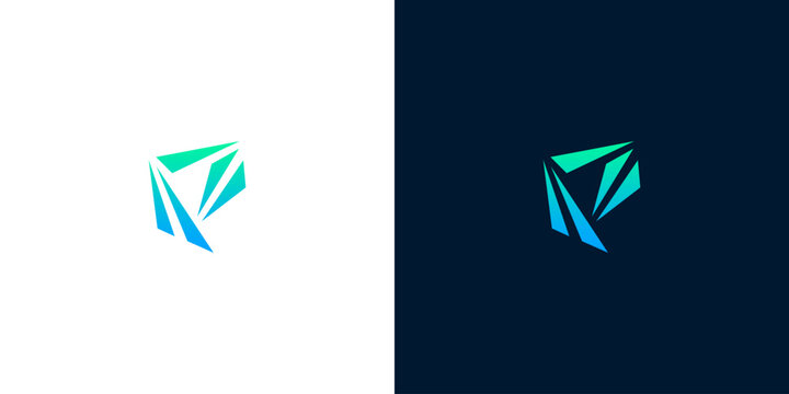 Abstract geometric shape logo design in blue and green gradient, modern and innovative symbol for technology or business concepts