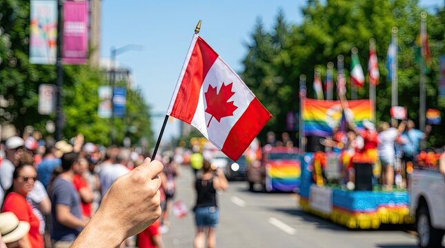 Person waving canadian flag during a canada day parade with blurred background of floats and people celebrating on a sunny street.