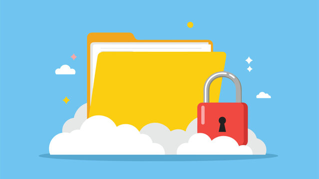 Large yellow file folder with a red padlock floating above white clouds on a clear blue background for data security.