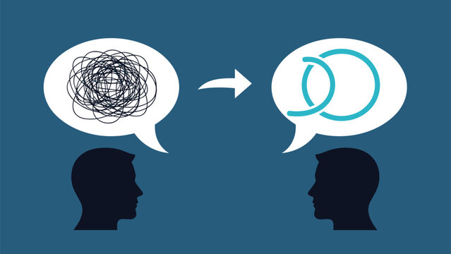 Two human profile silhouettes with speech bubbles showing disorganized versus clear thoughts representing effective therapy and mental clarity.