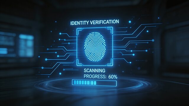 A high-tech digital interface for identity verification with a fingerprint scan in a dark room, showcasing a futuristic and secure way to authenticate and protect sensitive information.