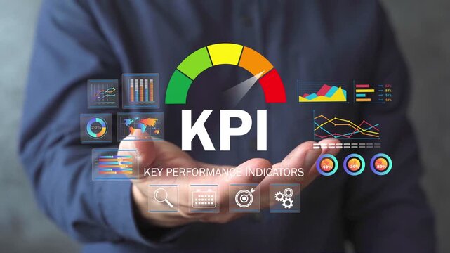 Business professional presenting a KPI interface with charts and a performance gauge, visualizing metrics tracking, target evaluation, strategic planning, and data-driven decision making.