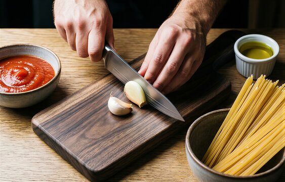 Hand holding knife slicing into bowl of tomato sauce. Plate of Pici all Aglione, thick pasta with garlic tomato sauce on cutting board. Concept of vibrant kitchen cooking scene.