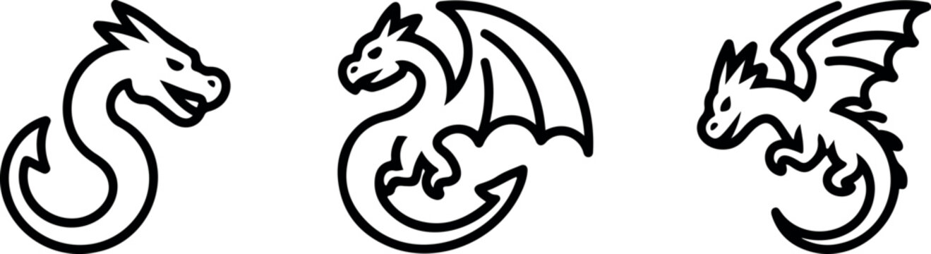 Set of three simple line art dragon icons with transparent backgrounds for various design applications.
