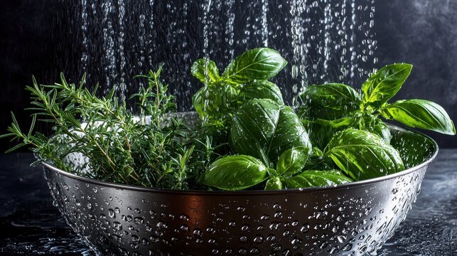 Fresh herbs washing basil rosemary thyme cascading water stainless steel colander dynamic motion droplets splashing green herbs freeze-motion effects