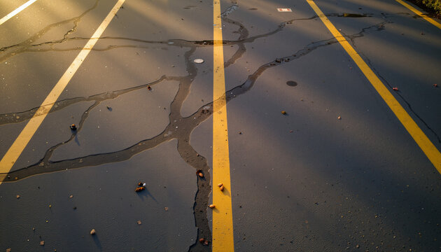 Bird's eye view of yellow parking lot lines on asphalt surface  