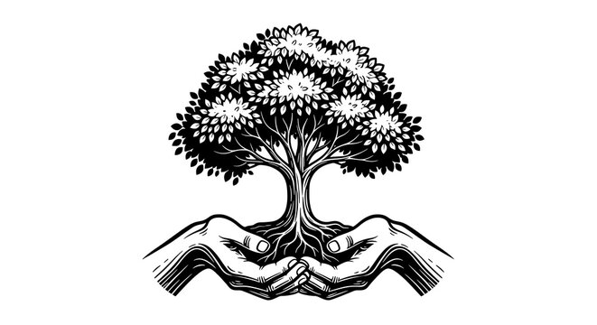 Intricate black and white illustration of a tree with intertwined roots and branches