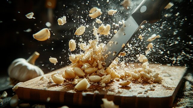 Garlic mincing action professional chef knife technique captured mid-motion explosive cutting dynamics wooden board scattered cloves culinary arts kitchen scene