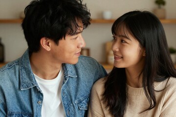 Fototapeta premium Young couple sharing affectionate moment in home interior