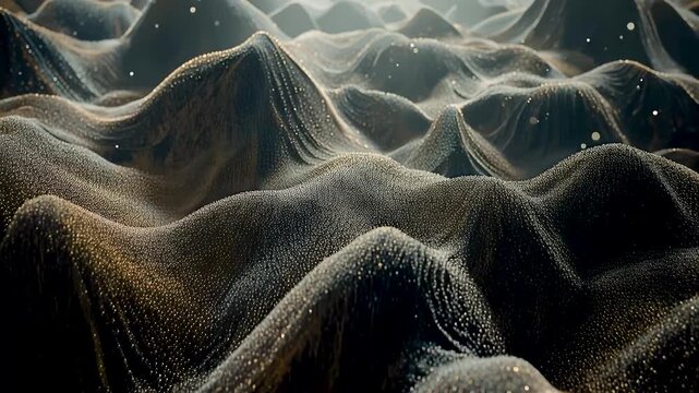 Dark flowing terrain of granular particles forming soft wave hills under subtle light, detailed texture with depth and atmospheric mood