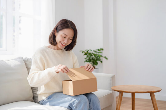 Femme ouvrant un colis en carton &agrave; domicile, expression curieuse et joyeuse, lumi&egrave;re naturelle douce et int&eacute;rieur minimaliste, concept d&rsquo;achat en ligne