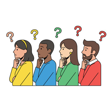 Group of Diverse People Thinking with Question Marks Above Their Heads, Perfect for Curiosity, Problem-Solving, and Brainstorming Graphics