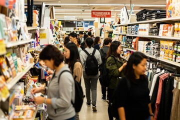 Obraz premium Shoppers navigating crowded supermarket aisle during busy hours