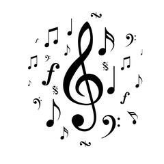Fototapeta premium A large black treble clef is surrounded by floating musical notes. Vector illustration