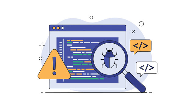 Magnifying glass over a coding window with a bug icon representing software testing and debugging by a developer.