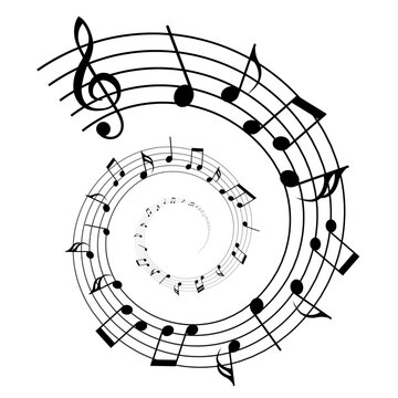 A spiral music staff swirls with notes and a large treble clef. Vector illustration