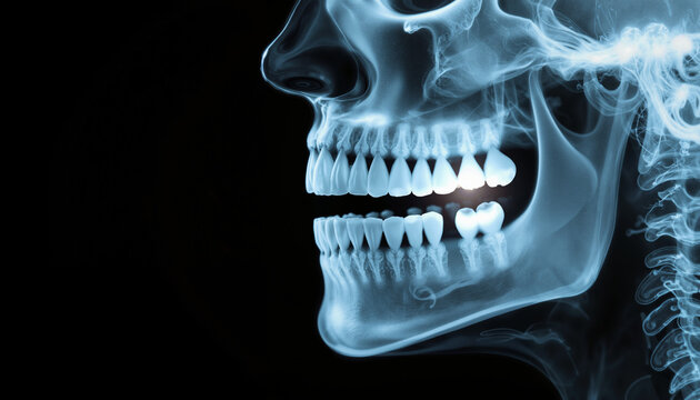 Dental x-ray panoramic scan of human skull showing teeth and jaw  