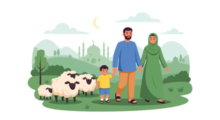 Obraz premium Flat style vector illustration of Eid Al Adha celebration with Muslim family and sheep near mosque, representing sacrifice, faith, unity, and joyful Islamic holiday gathering