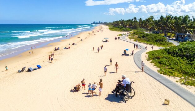 Aerial view of a sunny beach with people enjoying leisure activities and a person in a wheelchair on a paved path.