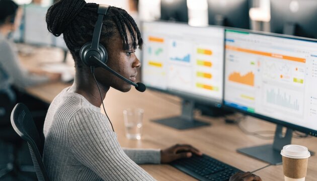Agent handling inbound policy support calls using a headset concentrating on computer screens with colorful workflow boards softly blurred in the background.