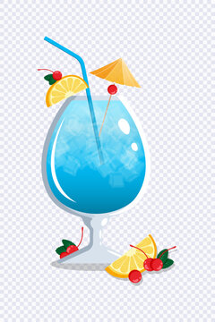 Isolated icon with cocktail Blue Lagoon with  oranges and cherries on transparent background. Beverage element. Bar drink, beverage in glass.  Icon for decorations. Cartoon design. Vector illustration