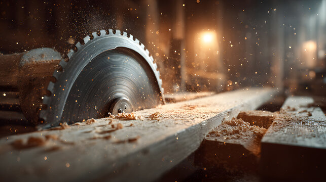 Circular saw cutting wooden plank with flying sawdust