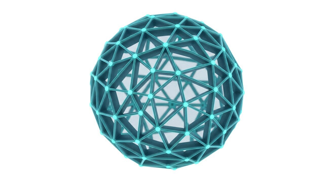Teal 3d geometric wireframe sphere with interconnected triangles on white background