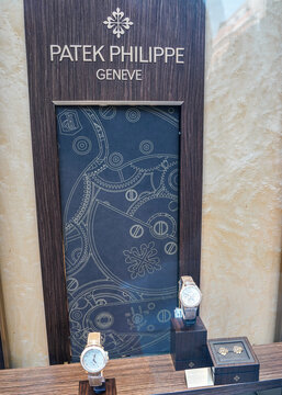 London, United Kingdom - May 20, 2023: Patek Philippe watches on display at luxury horology shop, it is one of oldest, expensive watchmaker founded in Geneve 1839