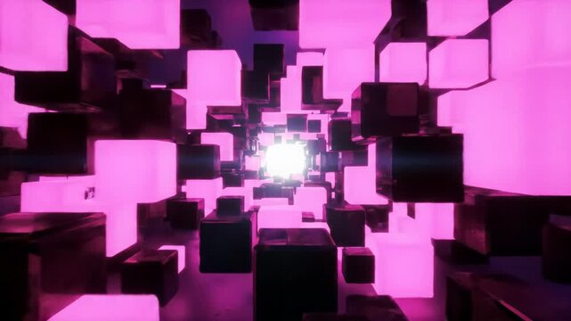 Dolly video through futuristic tunnel of pulsating pink, magenta, black cubes towards bright light, cybernetic dreamscape