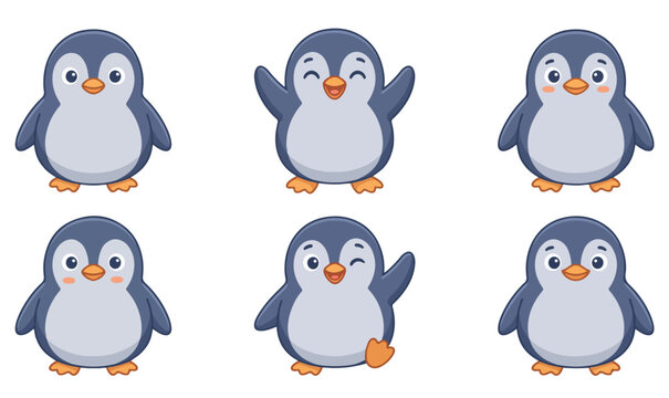 Cute Cartoon Penguin Line Art Vector Set Sticker Style on PNG Background, cute penguin icons, cartoon penguins, penguin vector set, kids illustration, sticker style icons, cartoon animal icons, 