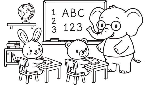 Cute animal classroom coloring page with elephant teacher bunny and bear students