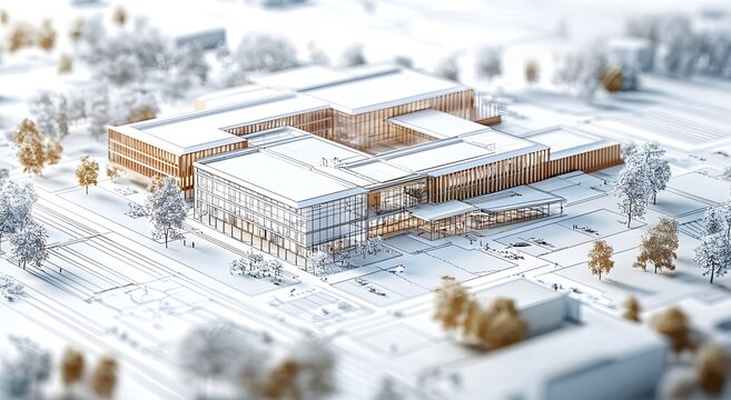 Campus masterplan blueprint showing buildings pathways and trees photo
